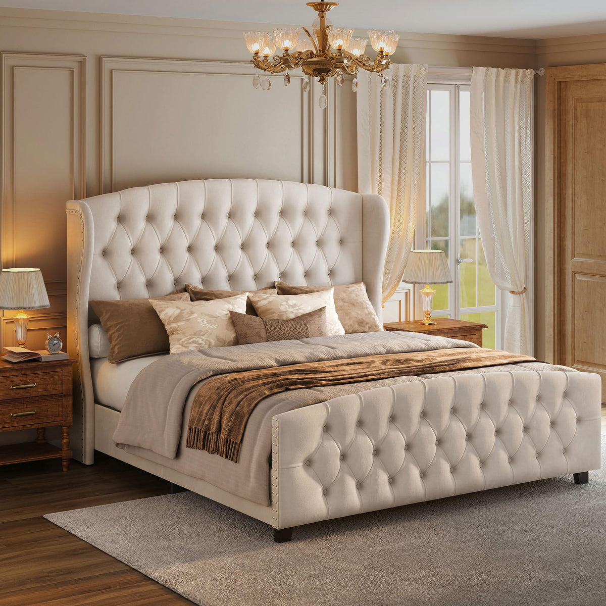 Upholstered Platform Bed with Tall Headboard