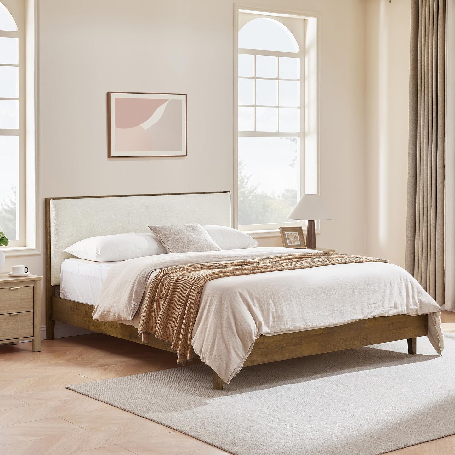 Boucle Upholstered Platform Bed with Headboard