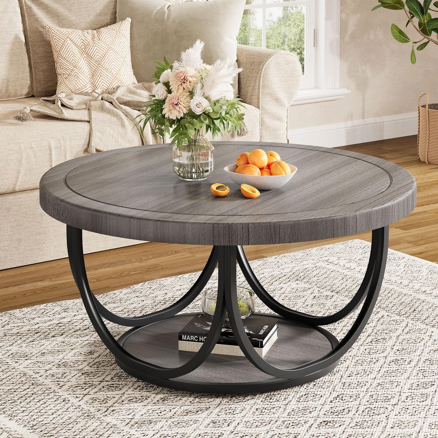Round Two-Tier Coffee Table with Modern Wood Design