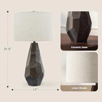 Faceted Ceramic Table Lamp with Wheat Linen Shade