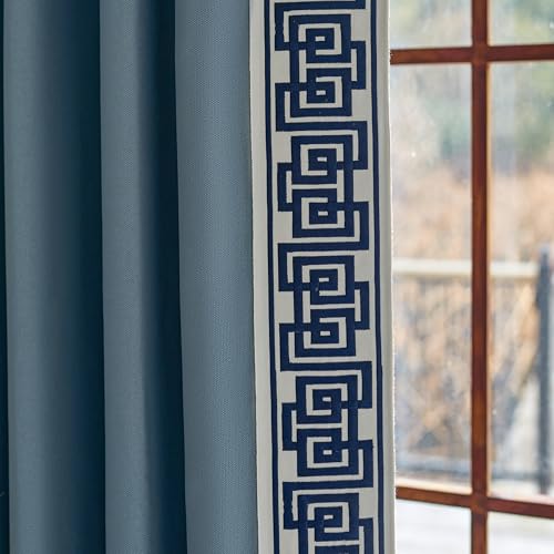 Blue Pinch Pleat Curtains with Greek Key Trim
