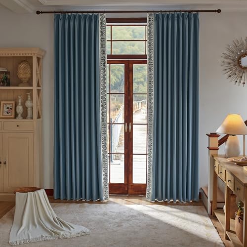 Blue Pinch Pleat Curtains with Greek Key Trim