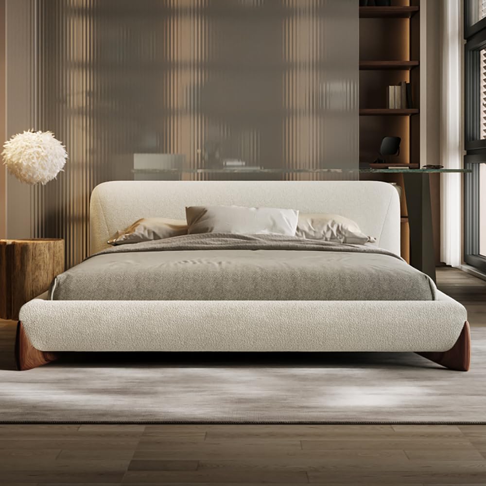 Curved Upholstered Platform Bed with Linen Headboard