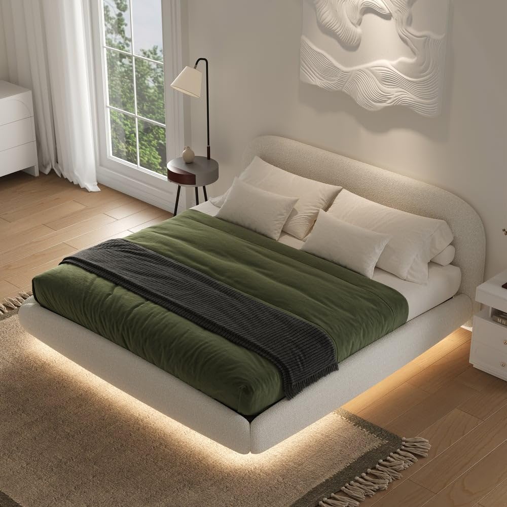 Curved Upholstered Platform Bed with Linen Headboard