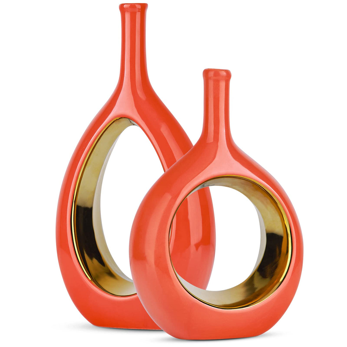 Orange Ceramic Vase Set of 2 for Modern Decor