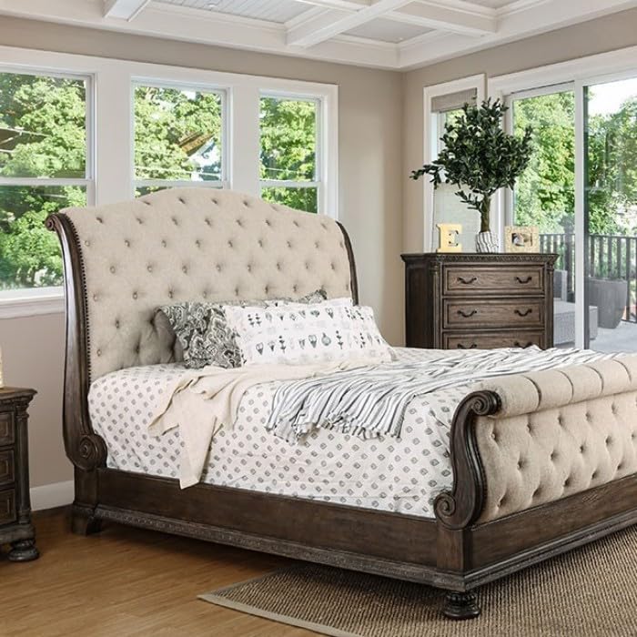 Upholstered Sleigh Bed with Button-Tufted Headboard