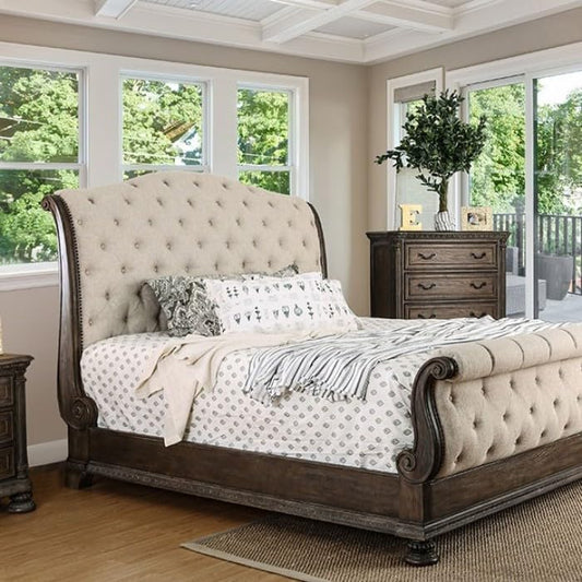 Upholstered Sleigh Bed with Button-Tufted Headboard