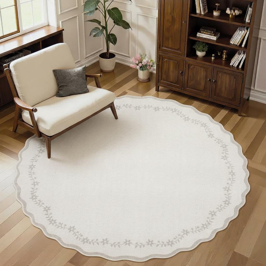 Scalloped Washable Area Rug with Non-Slip Backing
