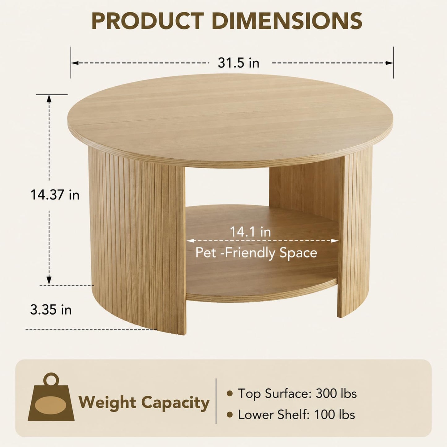 Round Fluted Coffee Table with Two-Tier Storage