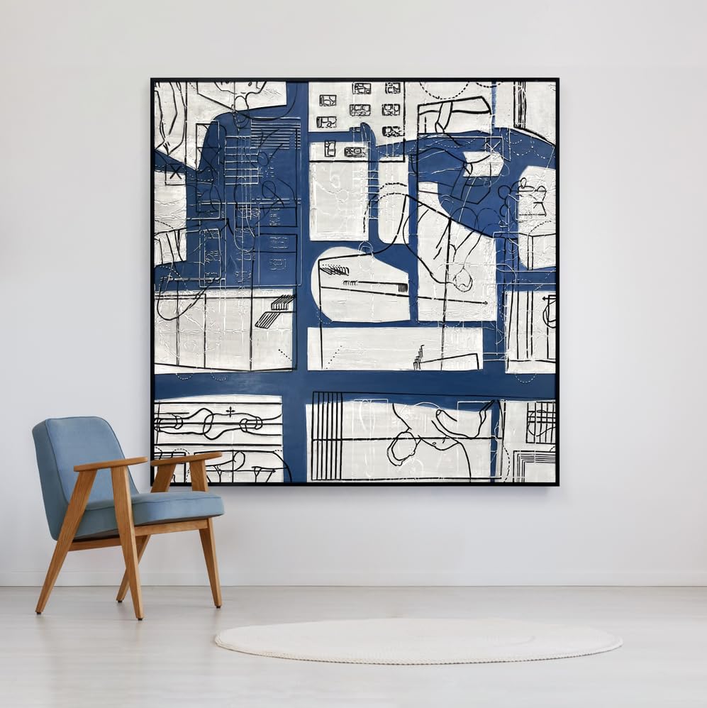 Oversized Blue & White Canvas Wall Art Painting