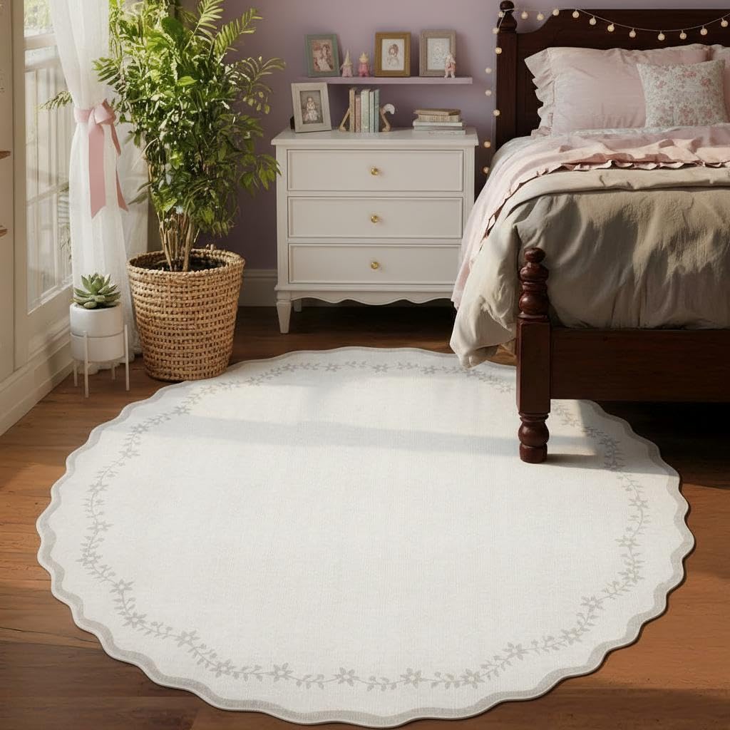 Scalloped Washable Area Rug with Non-Slip Backing