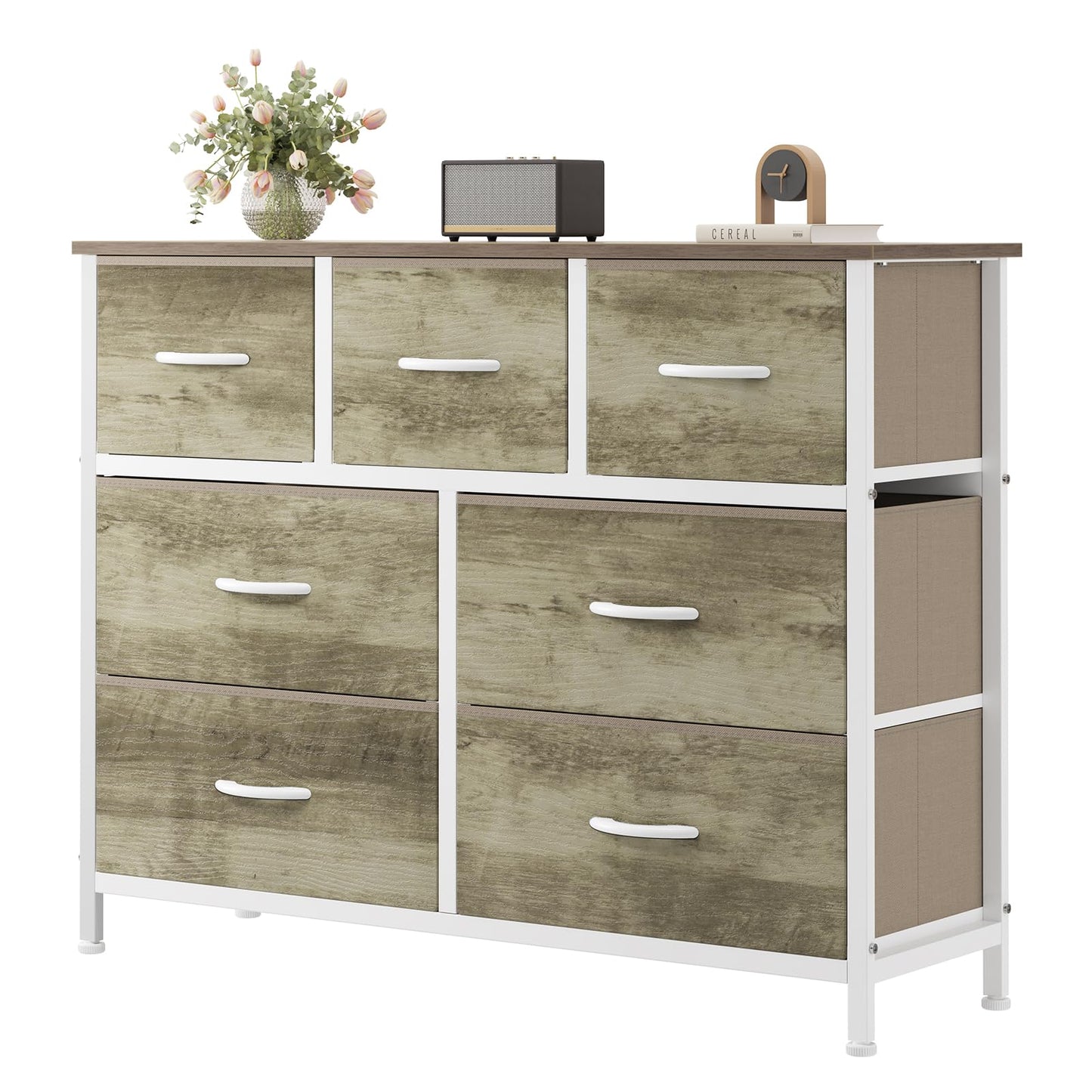 7-Drawer Fabric Dresser with Wood Top and Steel Frame