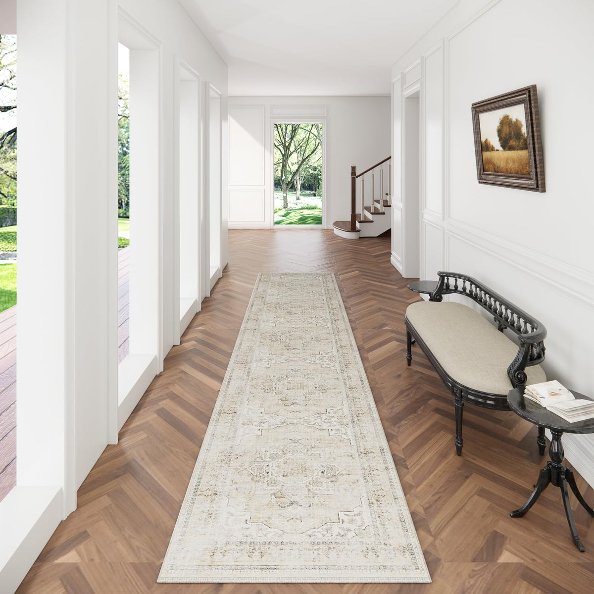 Washable Vintage Runner Rug with Non-Slip Backing