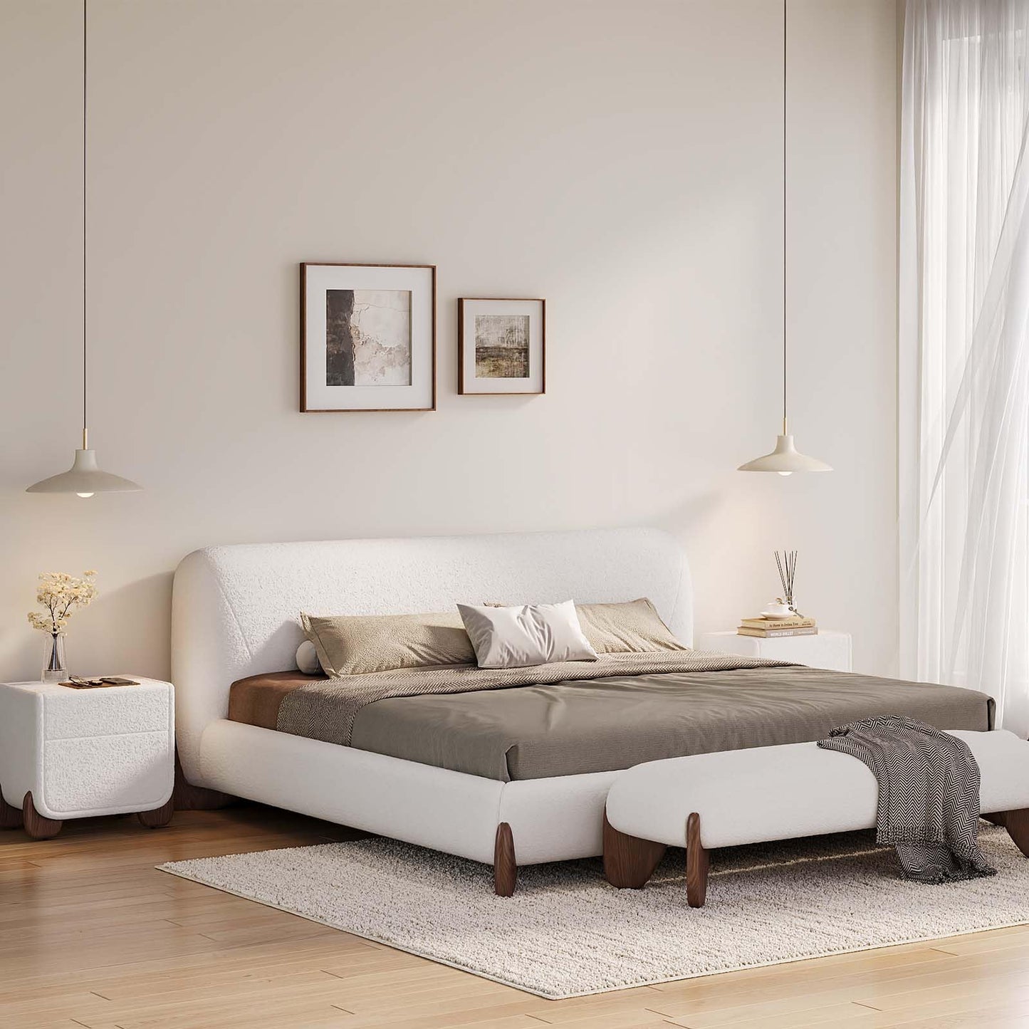 Curved Upholstered Platform Bed with Linen Headboard