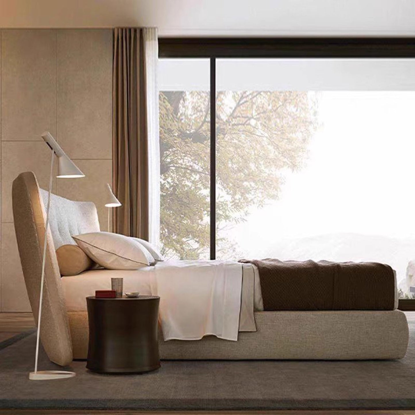 Genuine Leather Platform Bed with Wingback Headboard