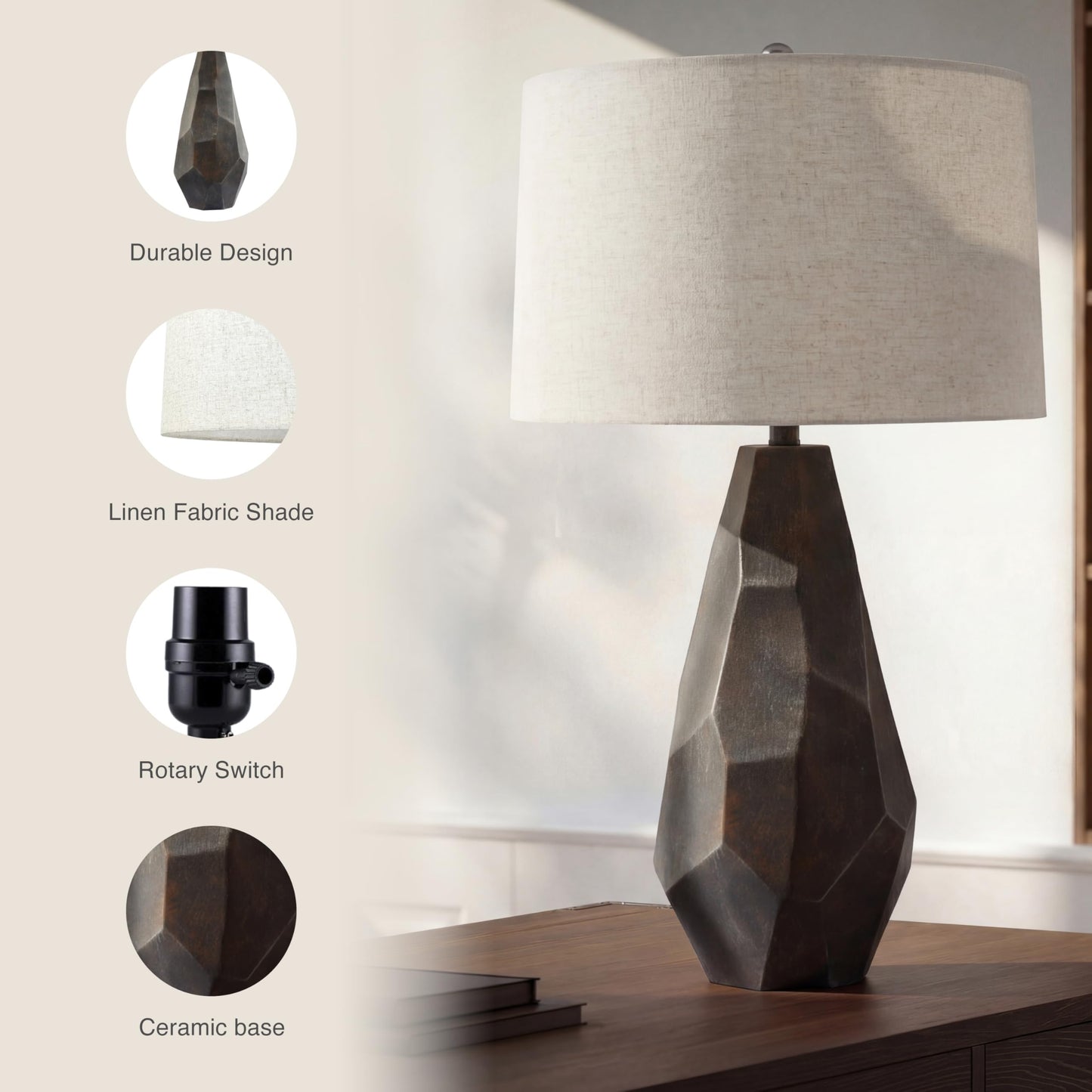 Faceted Ceramic Table Lamp with Wheat Linen Shade