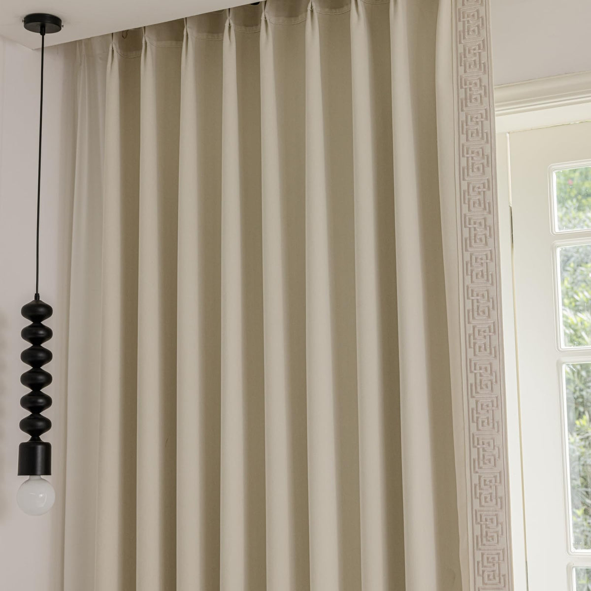 Blue Pinch Pleat Curtains with Greek Key Trim