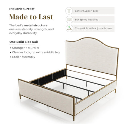 Hammered Metal Bed with Beige Upholstered Headboard