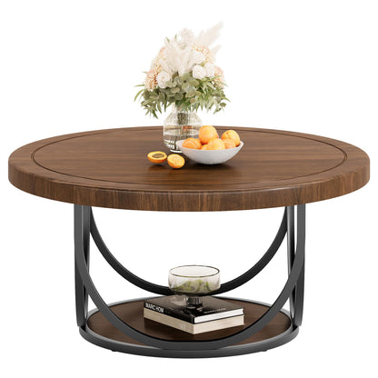 Round Two-Tier Coffee Table with Modern Wood Design