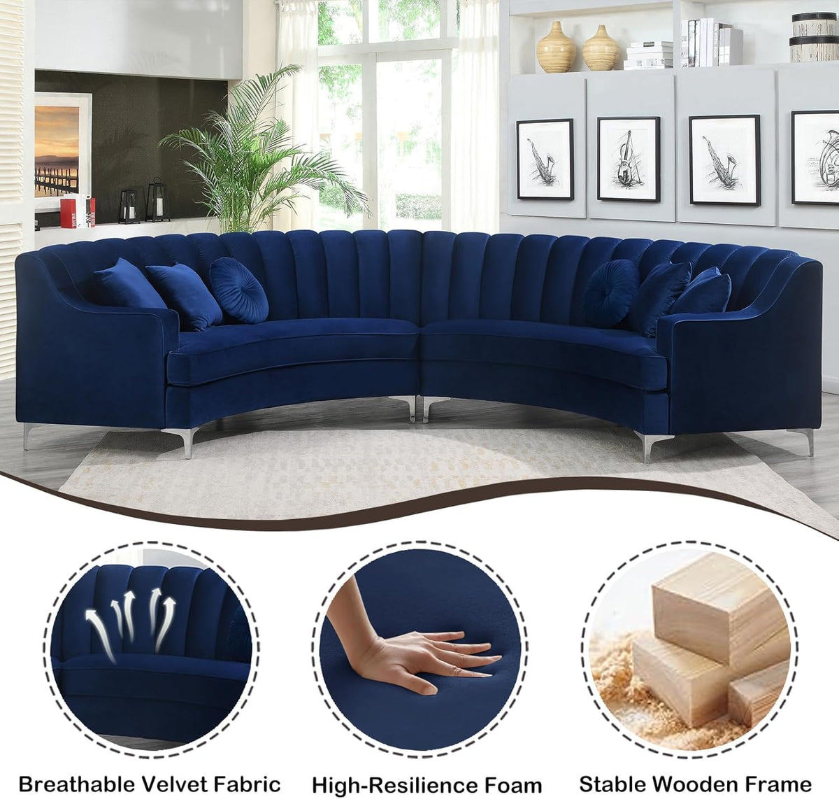 Curved Velvet Modular Sectional Sofa with Deep Seat