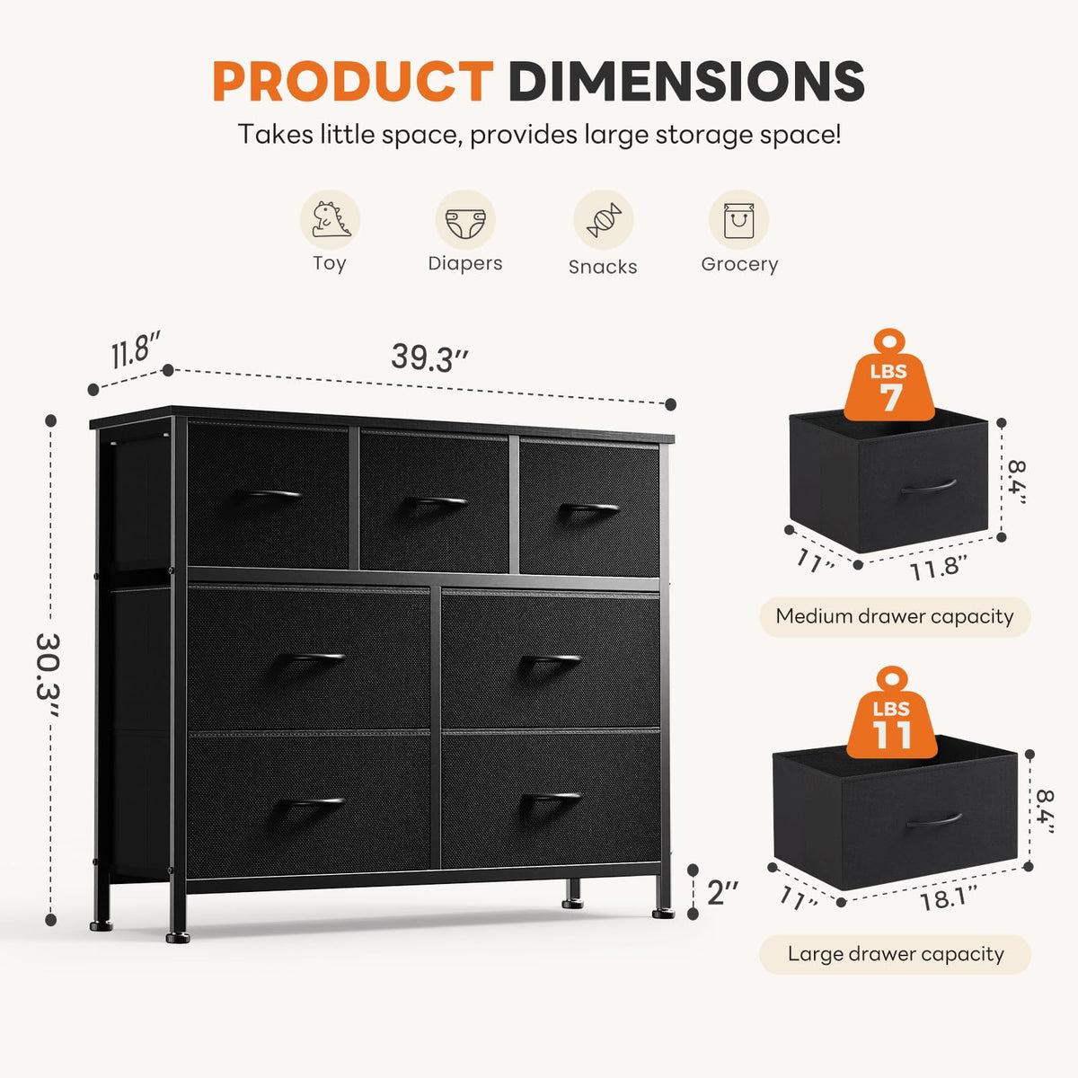 7-Drawer Fabric Dresser with Wood Top and Steel Frame