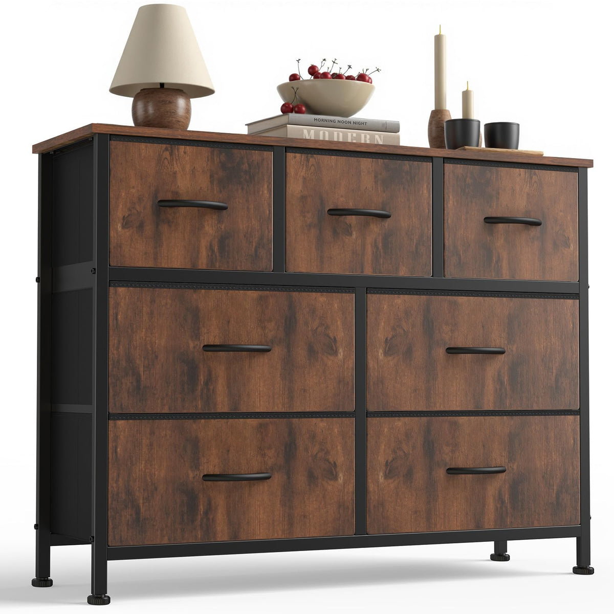 7-Drawer Fabric Dresser with Wood Top and Steel Frame