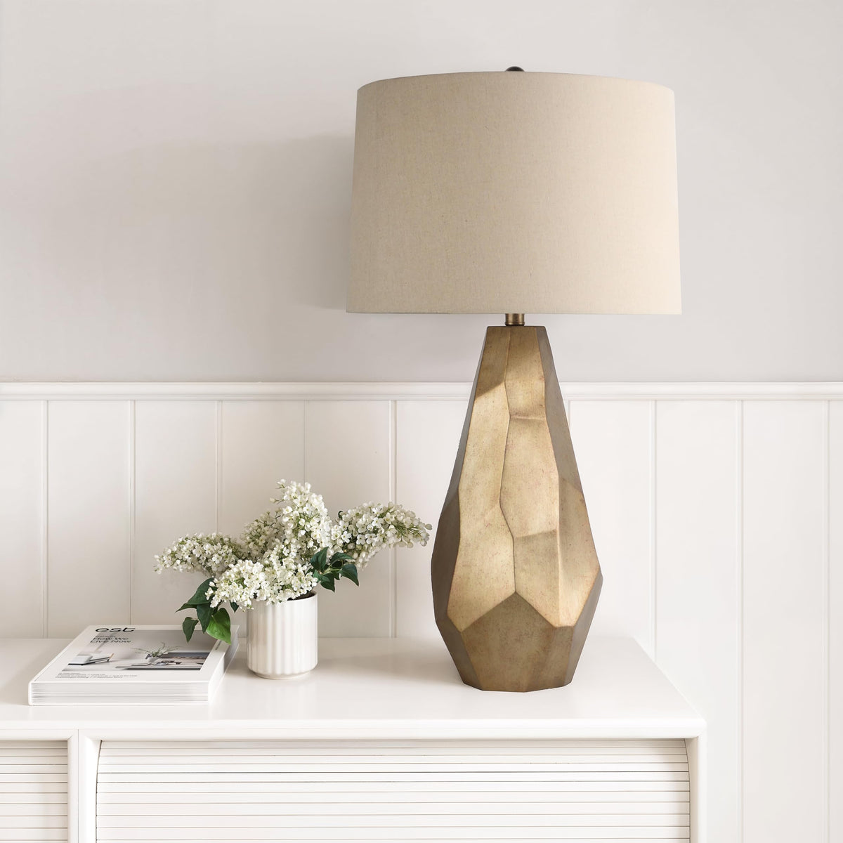 Faceted Ceramic Table Lamp with Wheat Linen Shade