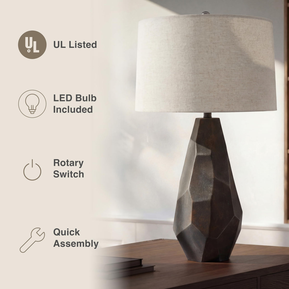 Faceted Ceramic Table Lamp with Wheat Linen Shade