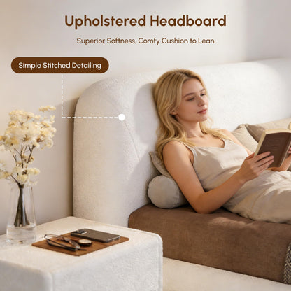 Curved Upholstered Platform Bed with Linen Headboard