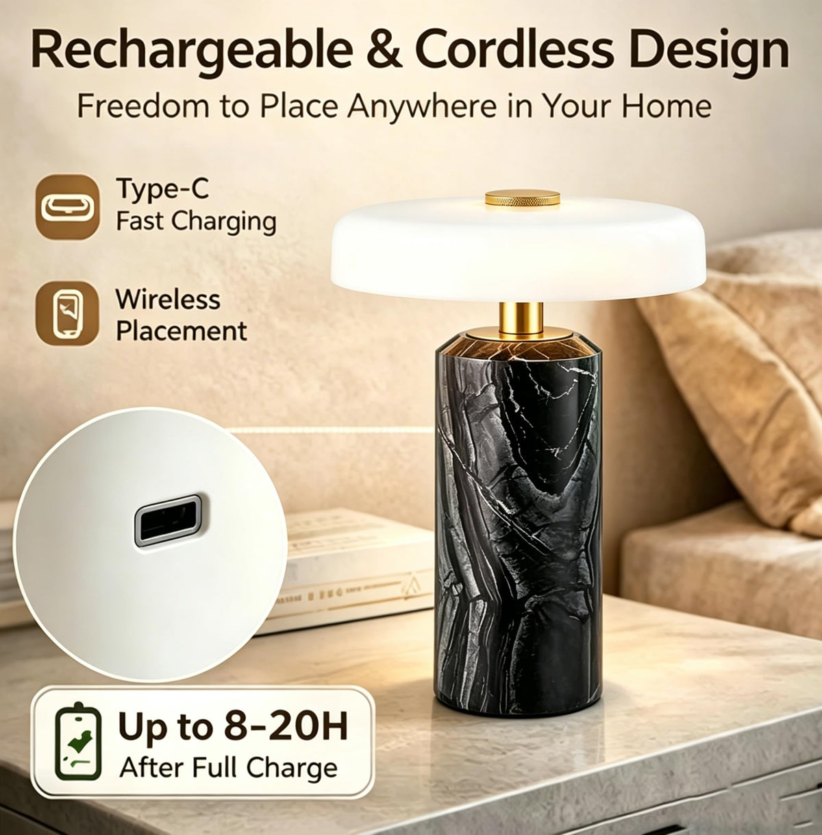 Marble Rechargeable Touch Table Lamp with Dimmer