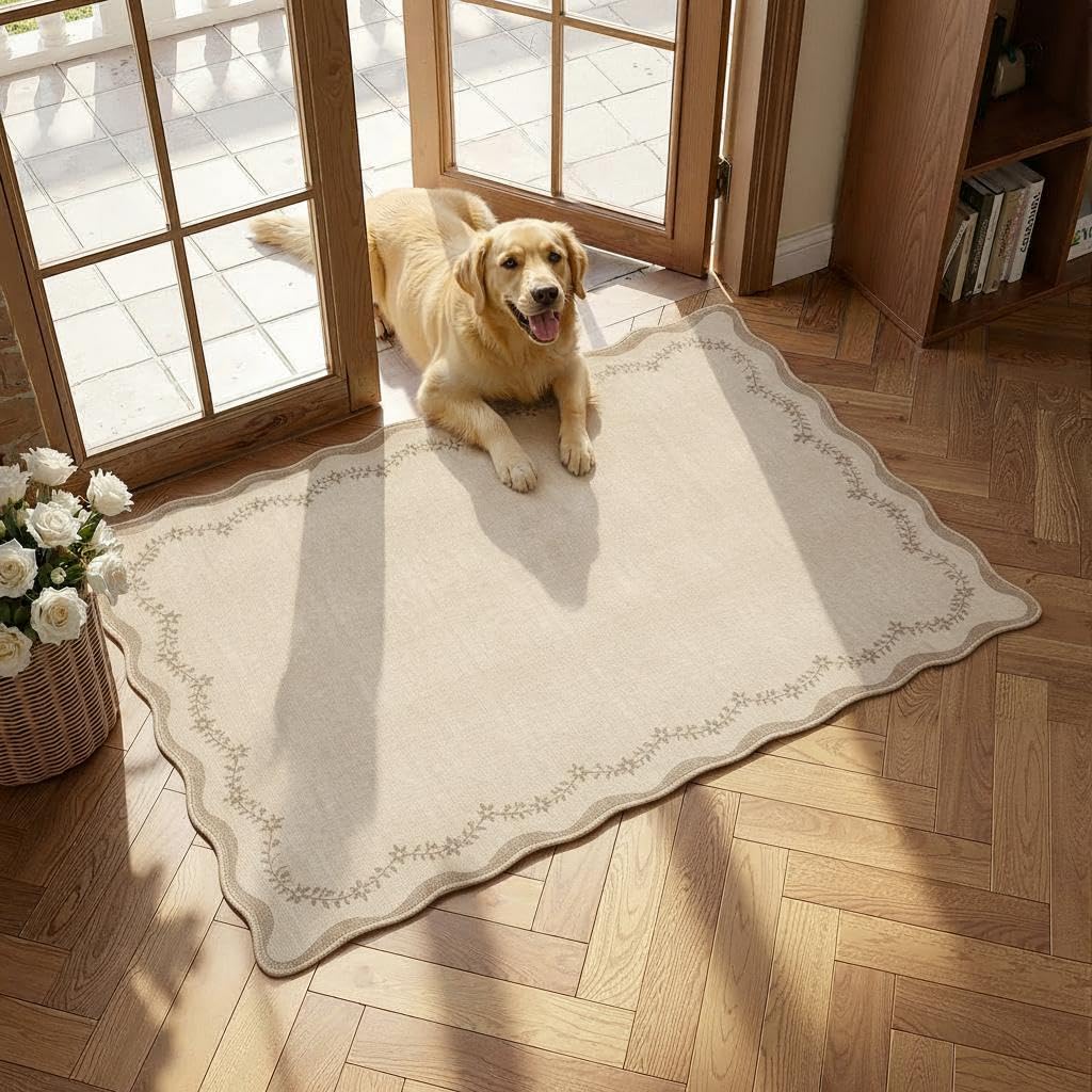 Scalloped Washable Area Rug with Non-Slip Backing