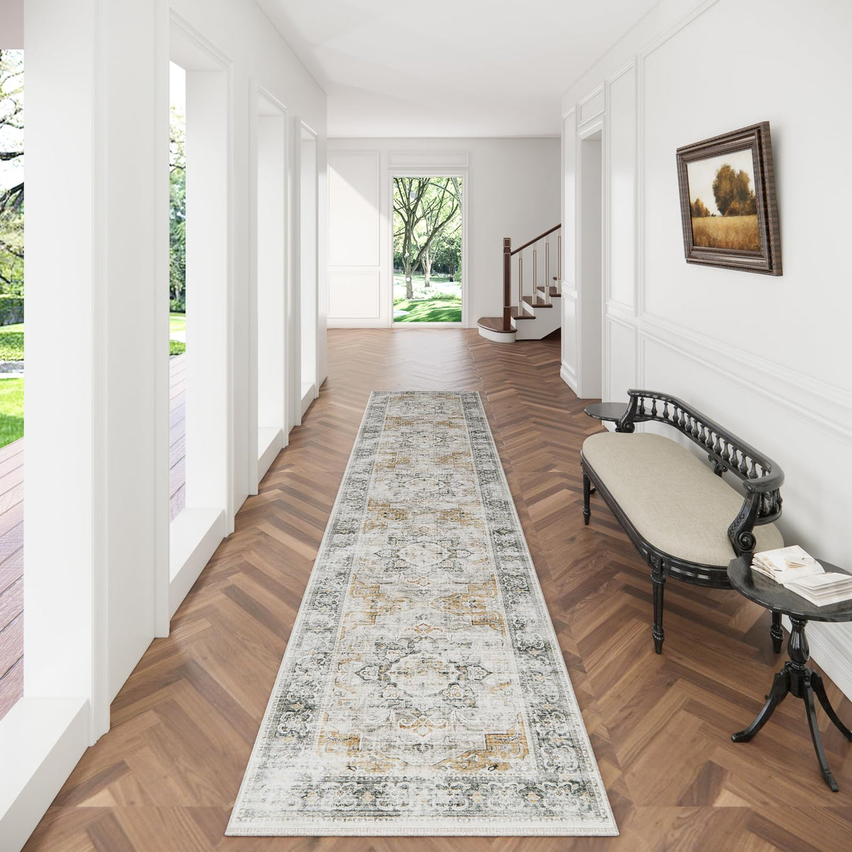 Washable Vintage Runner Rug with Non-Slip Backing