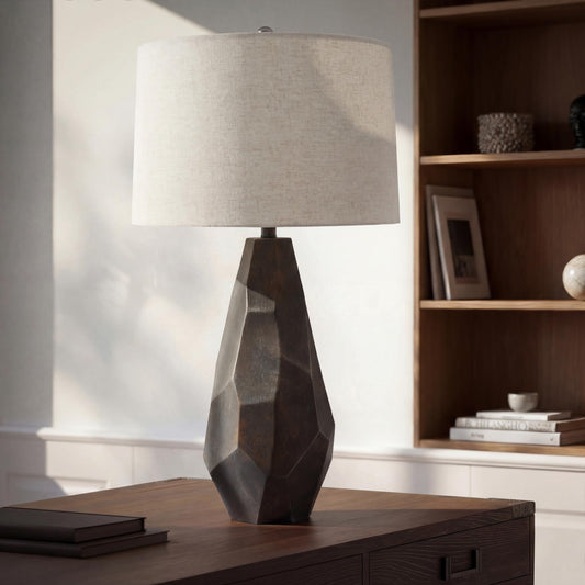 Faceted Ceramic Table Lamp with Wheat Linen Shade