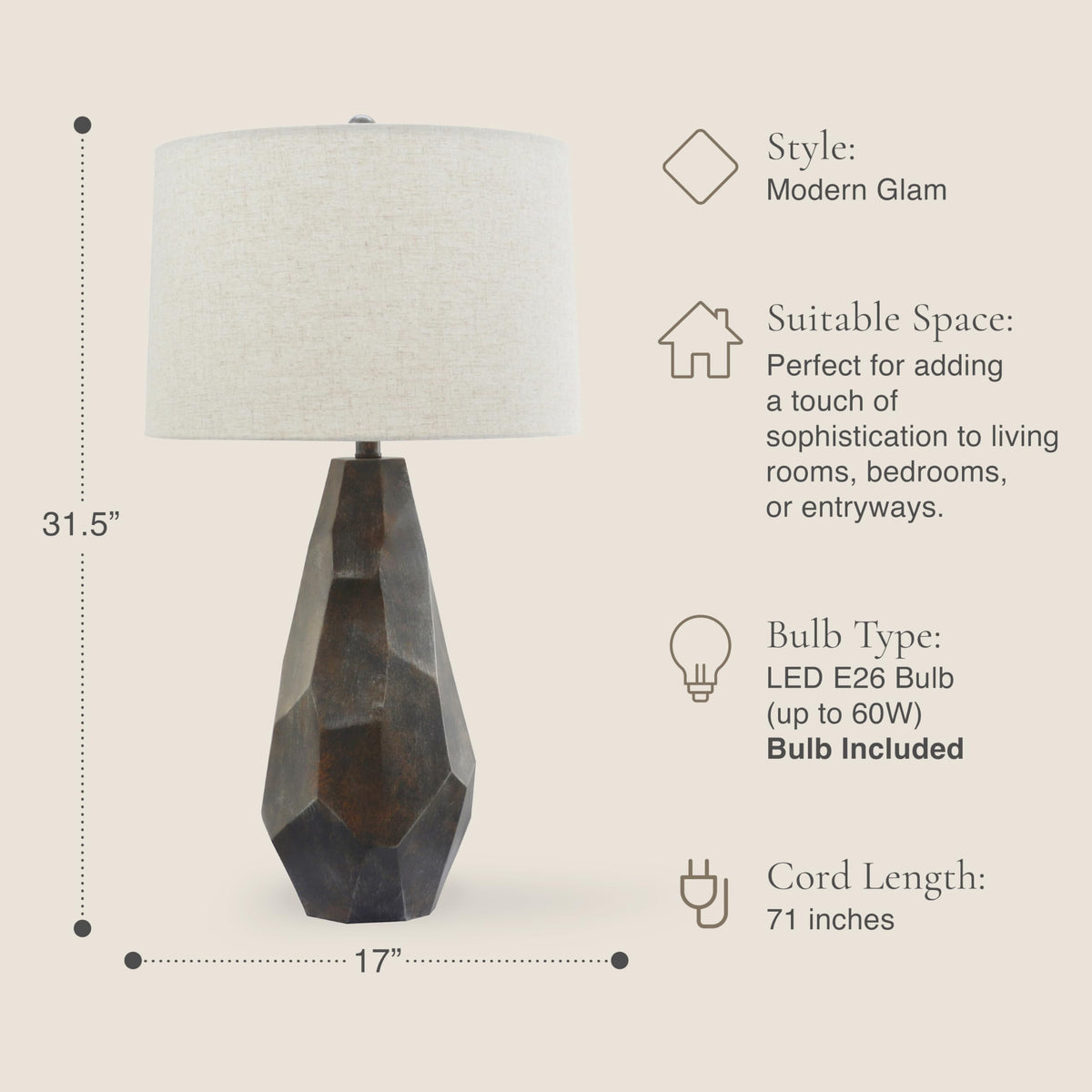 Faceted Ceramic Table Lamp with Wheat Linen Shade