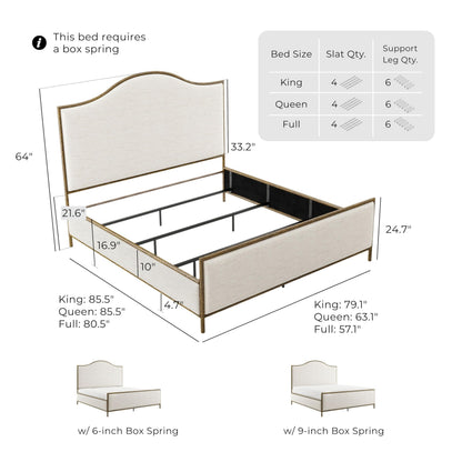 Hammered Metal Bed with Beige Upholstered Headboard