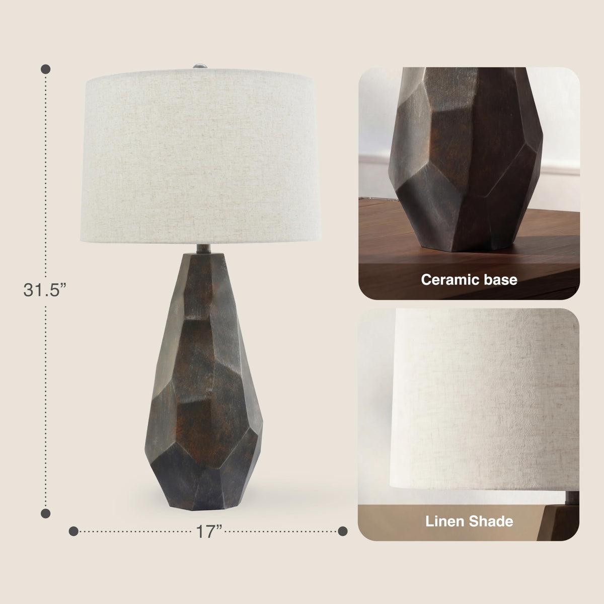 Faceted Ceramic Table Lamp with Wheat Linen Shade