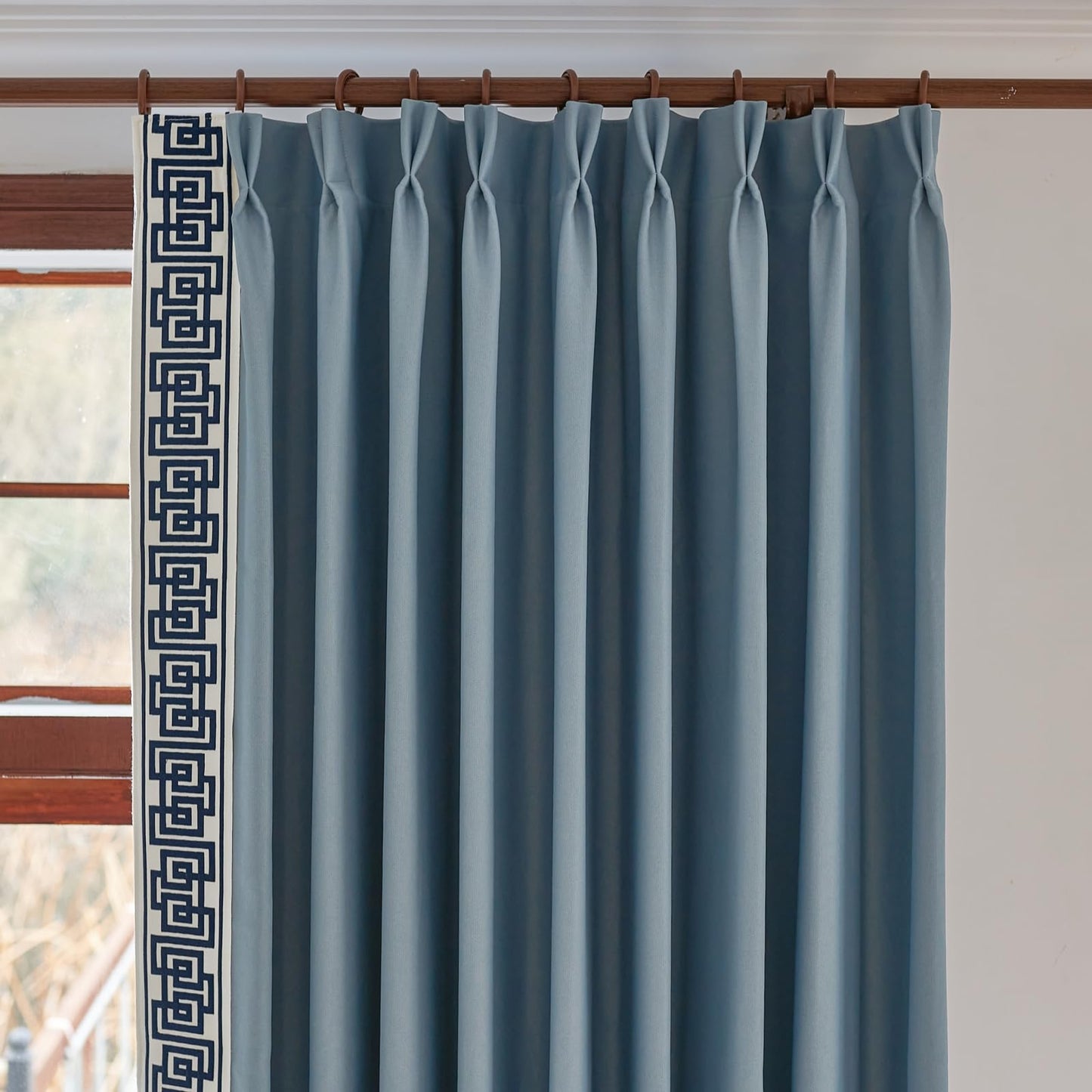Blue Pinch Pleat Curtains with Greek Key Trim