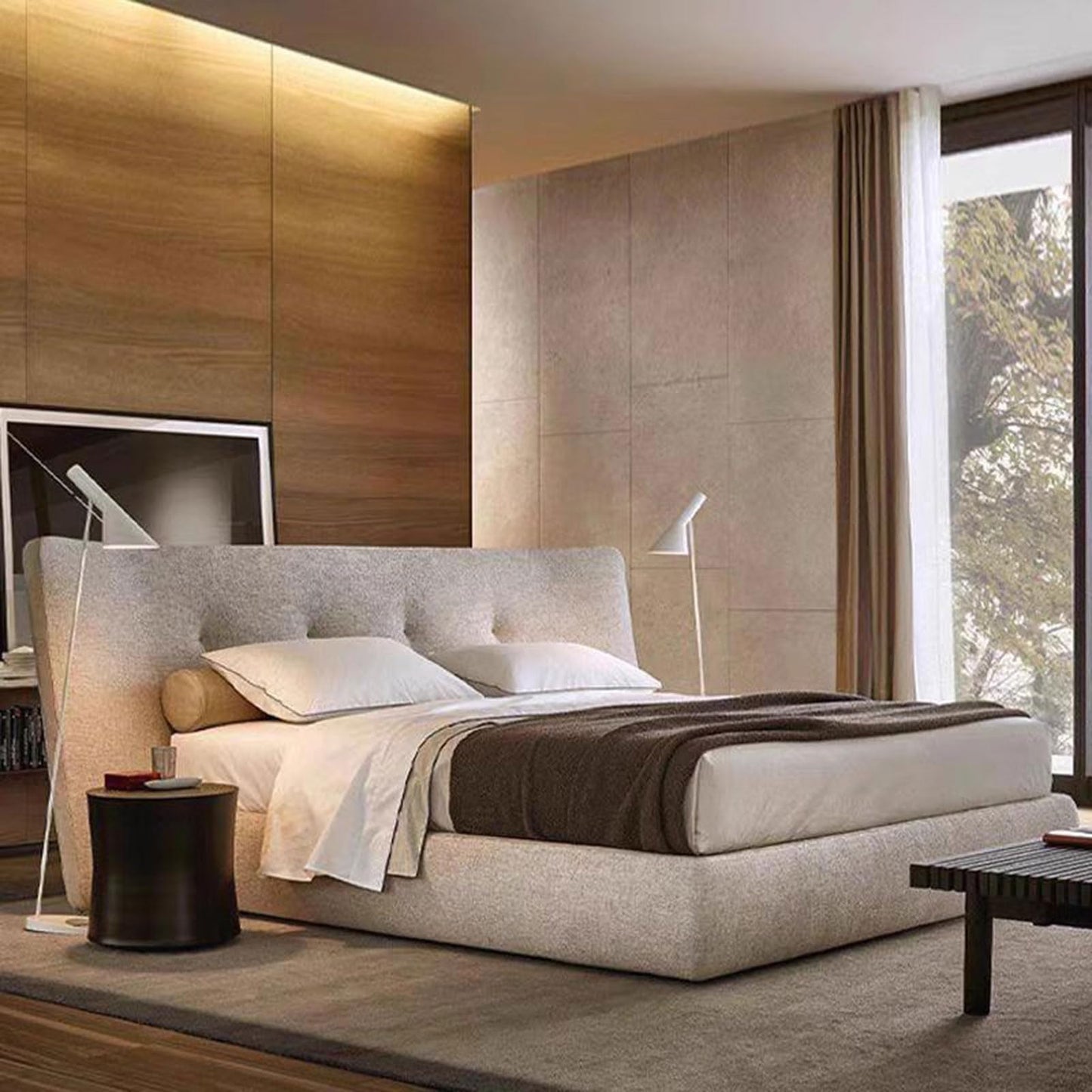 Genuine Leather Platform Bed with Wingback Headboard