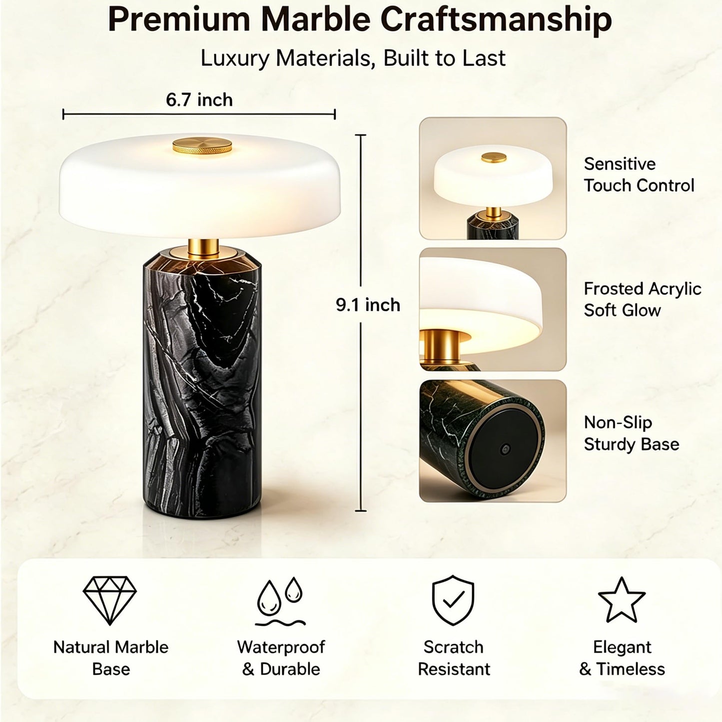 Marble Rechargeable Touch Table Lamp with Dimmer