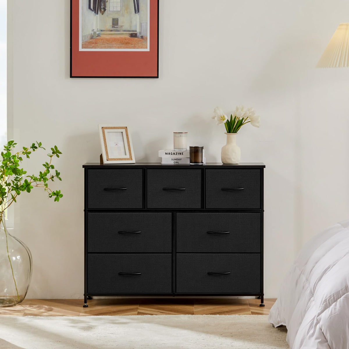 7-Drawer Fabric Dresser with Wood Top and Steel Frame
