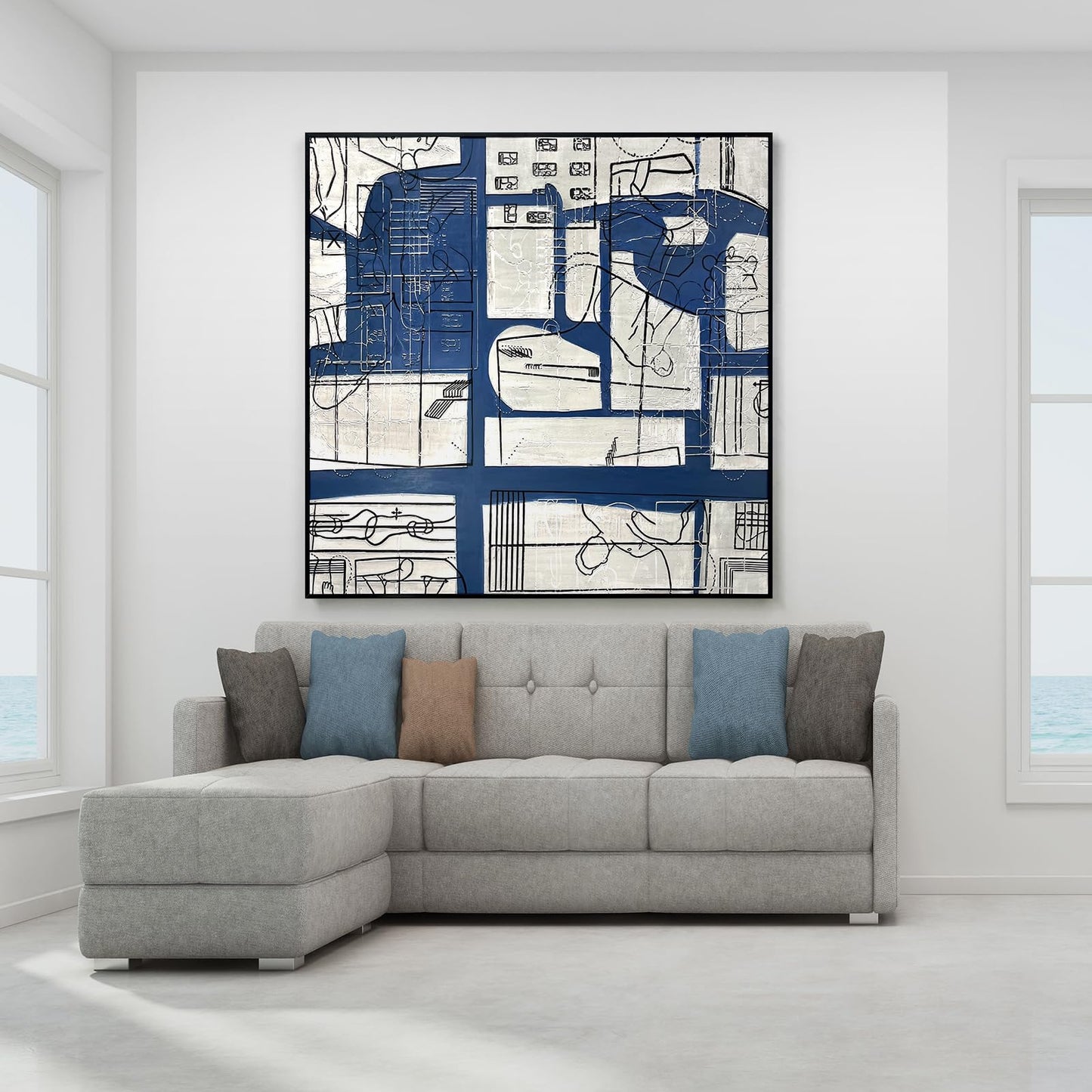 Oversized Blue & White Canvas Wall Art Painting