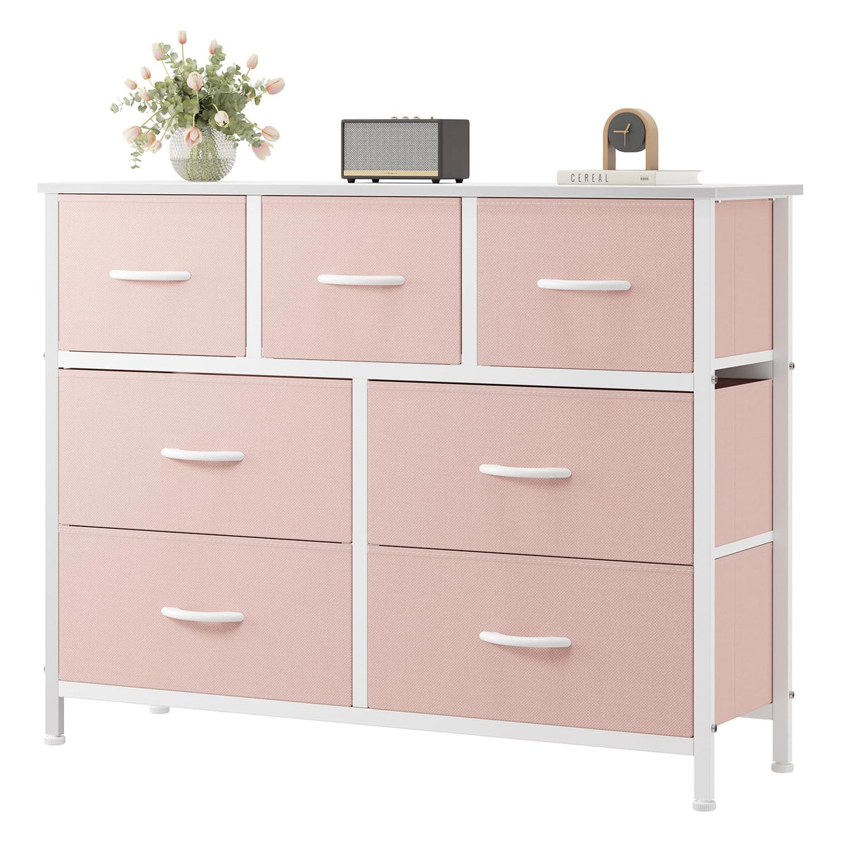 7-Drawer Fabric Dresser with Wood Top and Steel Frame