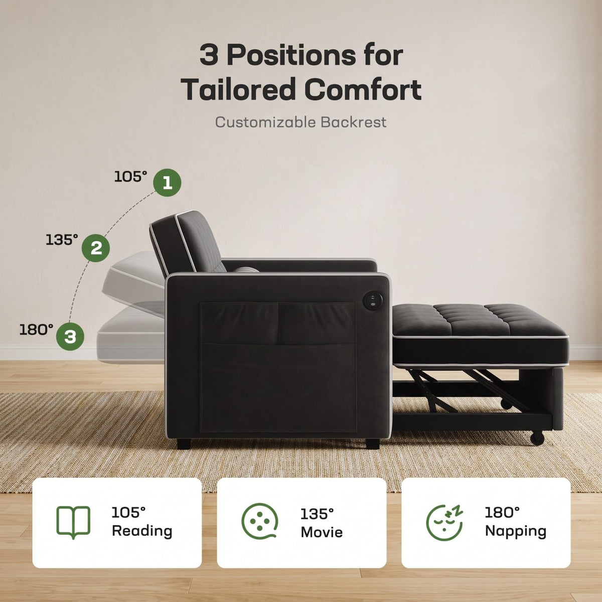 Marsail Futon Sofa Bed, Convertible Small Recliner Sleeper Sofa Bed with Adjustable Backrest