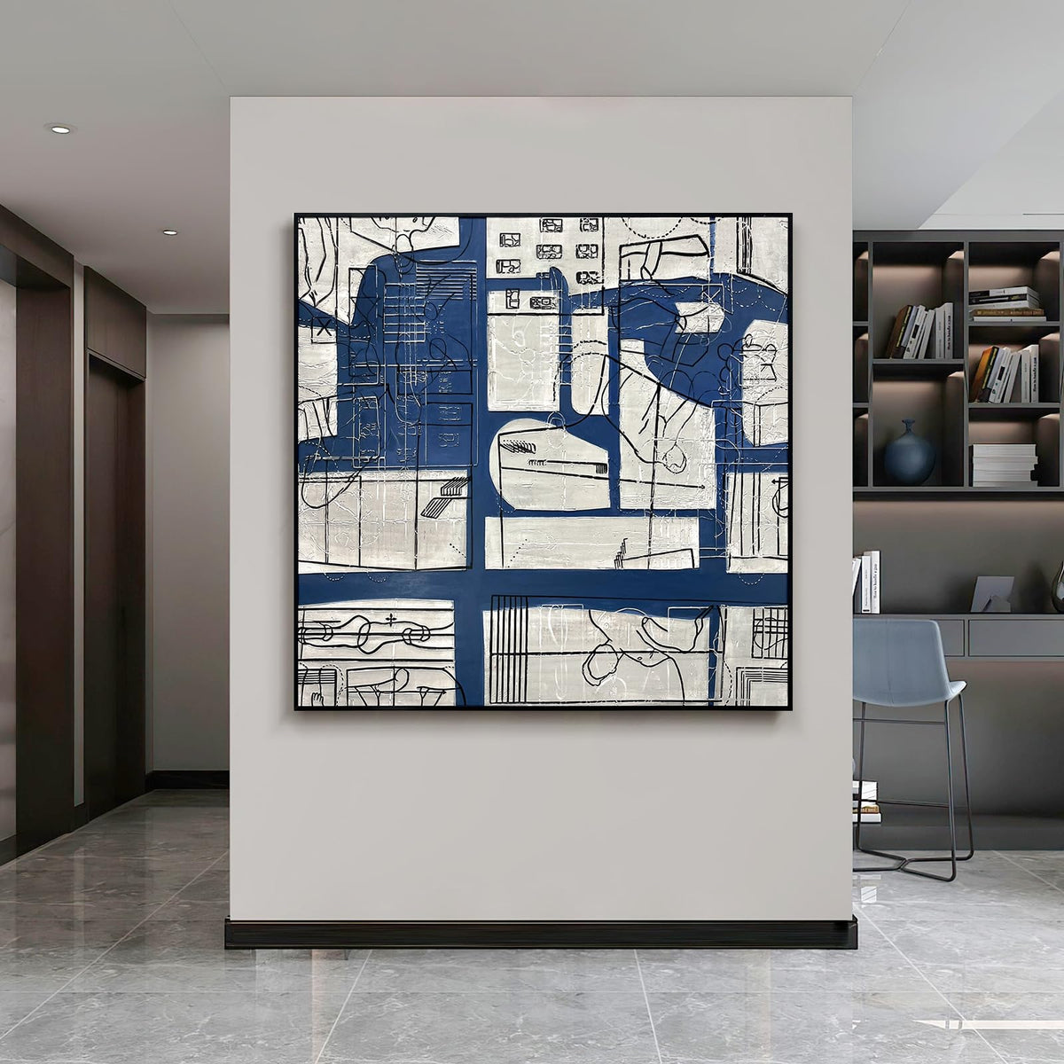 Oversized Blue & White Canvas Wall Art Painting