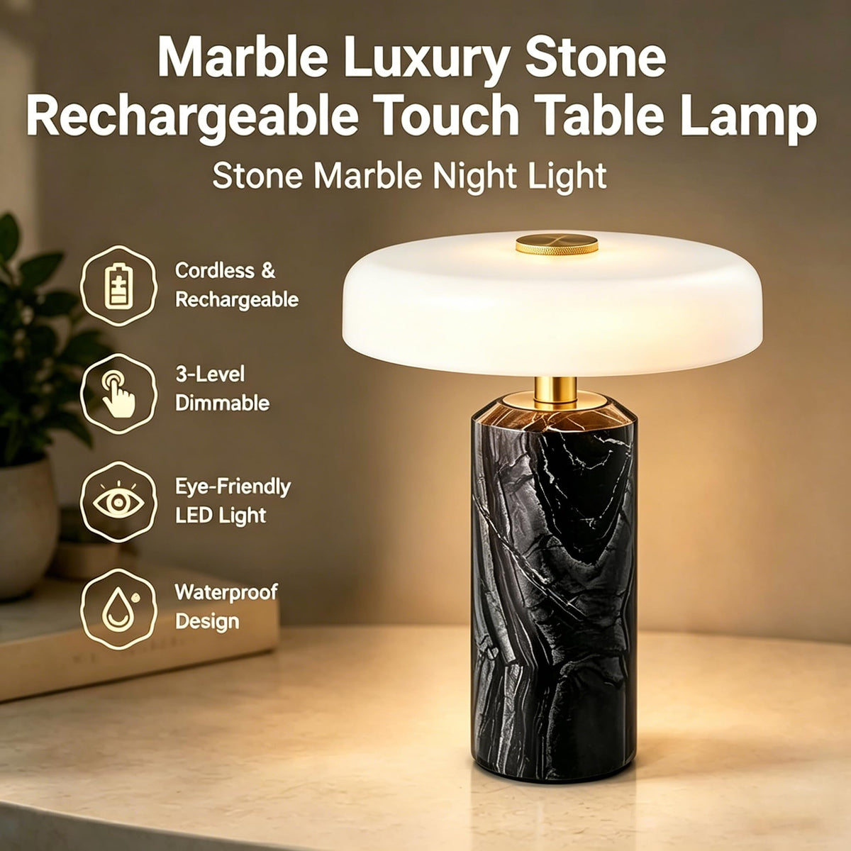 Marble Rechargeable Touch Table Lamp with Dimmer