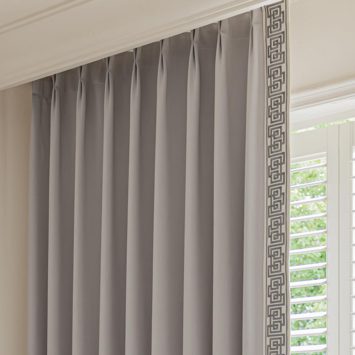 Blue Pinch Pleat Curtains with Greek Key Trim