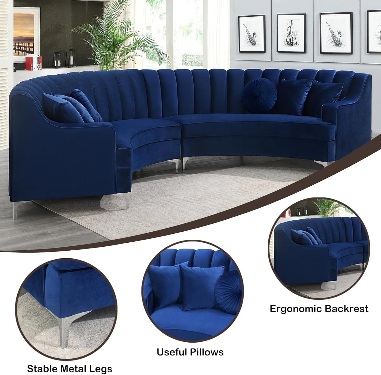 Curved Velvet Modular Sectional Sofa with Deep Seat