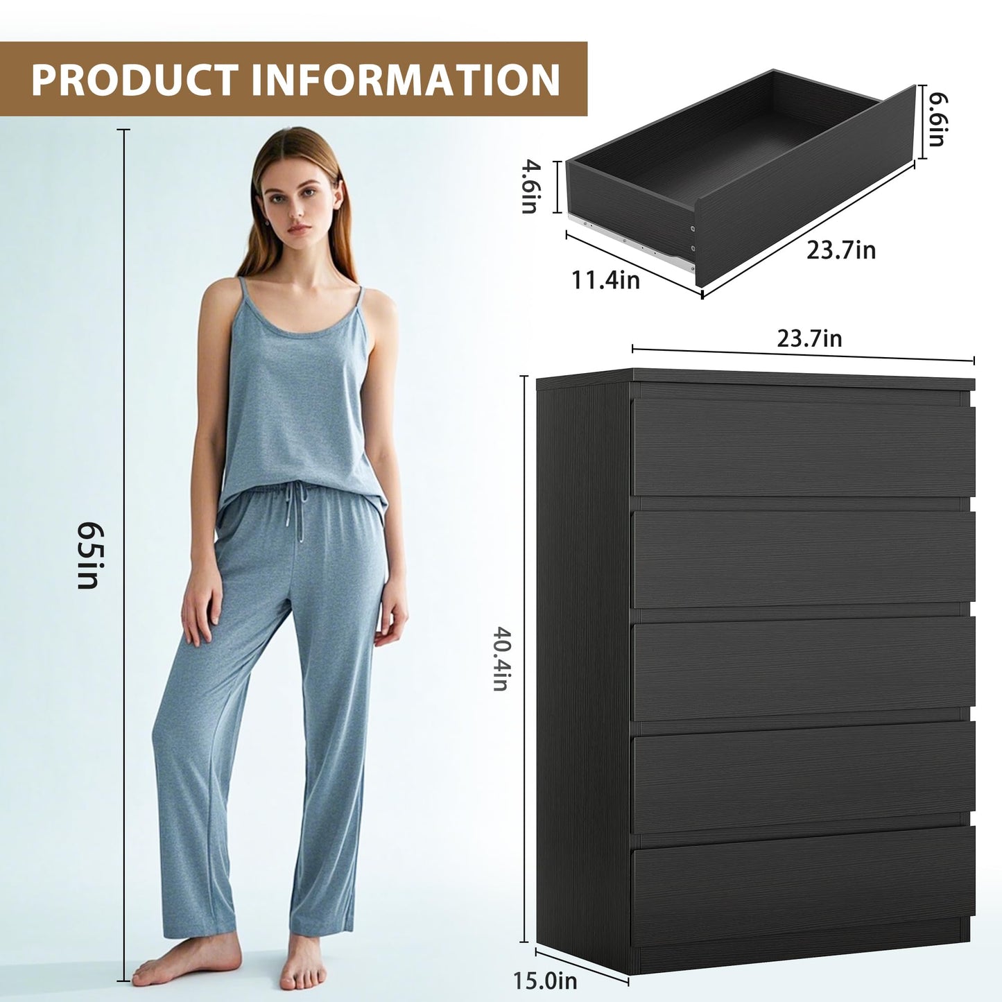 Modern 5-Drawer Bedroom Dresser with Slim Profile