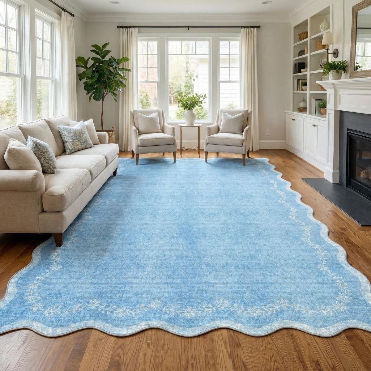 Scalloped Washable Area Rug with Non-Slip Backing