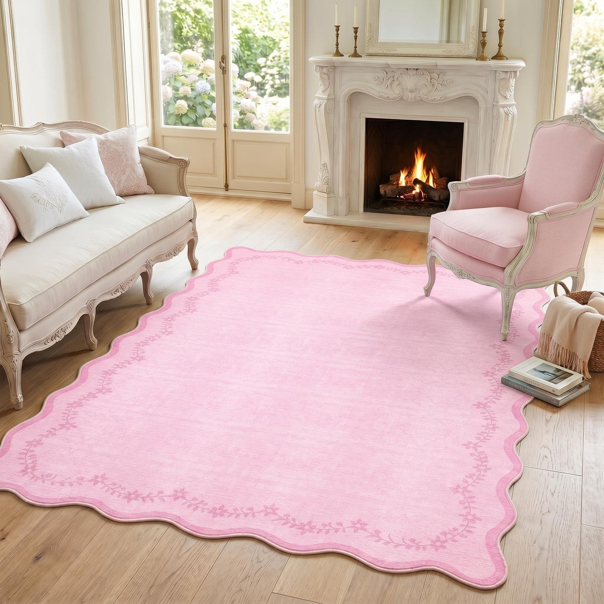 Scalloped Washable Area Rug with Non-Slip Backing